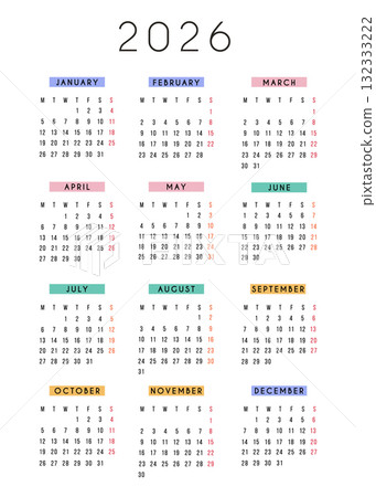 2026 calendar with sleek modern design and colorful month headers in English language. Printable yearly planner for home, work, school, personal organization. Clean minimal full year template vector. 2026 calendar with sleek modern design and colorful month headers in English language. Printable yearly planner for home, work, school, personal organization. Clean minimal full year template vector. 132333222