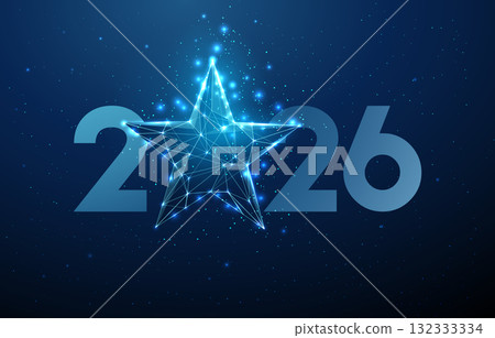 Abstract Happy 2026 New Year greeting card with blue star. Success, achievement, inspiration, hope, celebration, guidance, bright future concept. 132333334