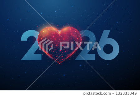 Happy New Year card, 2026 number with red heart replacing zero. New year love, compassion, kindness, care, emotional connection, health, well-being concept. Happy New Year card, 2026 number with red heart replacing zero. New year love, compassion, kindness, care, emotional connection, health, well-being concept. 132333349