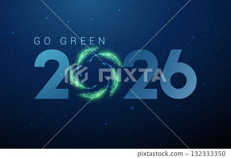 Happy New Year greeting card 2026 number with green leaves forming circle instead of zero. Eco-friendly, green future, ecological balance, clean planet concept. 132333350