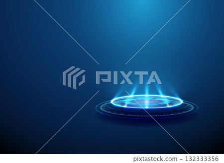 Futuristic empty podium with spotlights High-tech stage on a dark blue background, illuminated by focused beams of light directed toward center. Futuristic empty podium with spotlights High-tech stage on a dark blue background, illuminated by focused beams of light directed toward center. 132333356