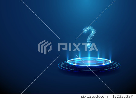 3d blue question mark on futuristic podium. Scientific research, problem solving, learning, education, interactive consultation, intelligent assistant concept. 132333357