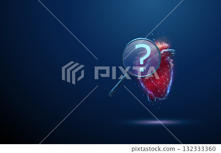 3D human heart under magnifying glass with question mark inside. Cardiovascular disease investigation, heart condition analysis, undiagnosed pathology concept. 3D human heart under magnifying glass with question mark inside. Cardiovascular disease investigation, heart condition analysis, undiagnosed pathology concept. 132333360