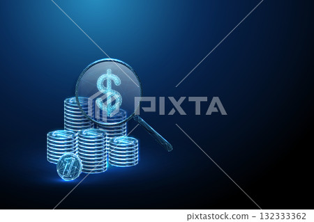 3d blue stacks of coins under a magnifying glass with a dollar sign inside. Financial analysis, investment evaluation, risk assessment concept. 3d blue stacks of coins under a magnifying glass with a dollar sign inside. Financial analysis, investment evaluation, risk assessment concept. 132333362