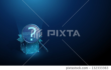 3d blue open box under a magnifying glass with a question mark inside. Exploration, idea discovery, analysis, unknown content, experimental approach concept. 132333363