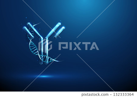 Antibody intertwined with DNA strand. Gene silencing, RNA interference, CRISPR-Cas9, epigenetic regulation, allergy treatment biotechnology research concept. 132333364