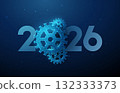 Happy New Year card with 2026 number with gears. Technology development, process optimization, industry progress, automation, productivity concept. 132333373