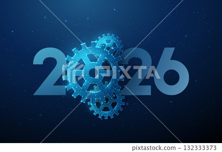 Happy New Year card with 2026 number with gears. Technology development, process optimization, industry progress, automation, productivity concept. 132333373