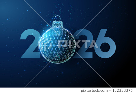 Happy New Year card with 2026 number with blue Christmas ball replacing zero. Holiday celebration, Christmas holiday, festive season, winter decoration concept. Happy New Year card with 2026 number with blue Christmas ball replacing zero. Holiday celebration, Christmas holiday, festive season, winter decoration concept. 132333375