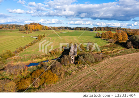 Aerial view of bridge to nowhere. An old bridge in Latvia never getting ready. Sati, Latvia 132333404
