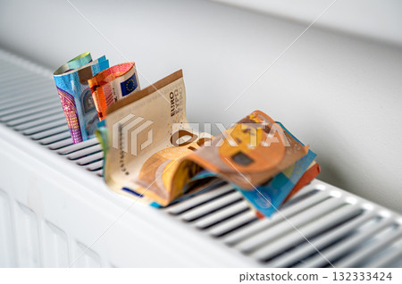 euro banknotes in a central heating radiator, the concept of expensive heating costs, closeup 132333424