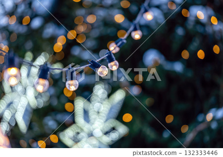 garland of light bulbs on defocused festive lights background, shallow depth of field, copy space 132333446