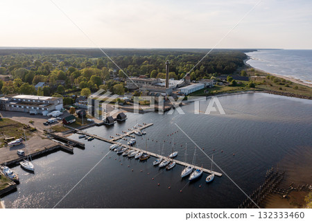 Aerial view of yachts at the pier of a seaside fishing village, Engure, Latvia 132333460
