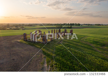 Ruins of an ancient building that looks like Stonehenge, drone view, Smiltene, Latvia 132333466