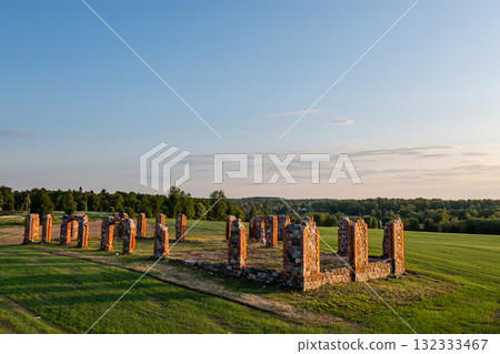 Ruins of an ancient building that looks like Stonehenge, drone view, Smiltene, Latvia Ruins of an ancient building that looks like Stonehenge, drone view, Smiltene, Latvia 132333467