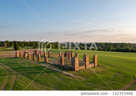 Ruins of an ancient building that looks like Stonehenge, drone view, Smiltene, Latvia 132333468