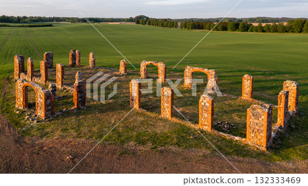 Ruins of an ancient building that looks like Stonehenge, drone view, Smiltene, Latvia 132333469
