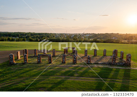Ruins of an ancient building that looks like Stonehenge, drone view, Smiltene, Latvia 132333470