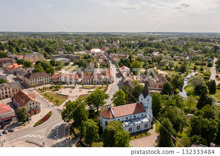 Aerial view of the city center and Saldus Lutheran Church. Saldus, Latvia 132333484