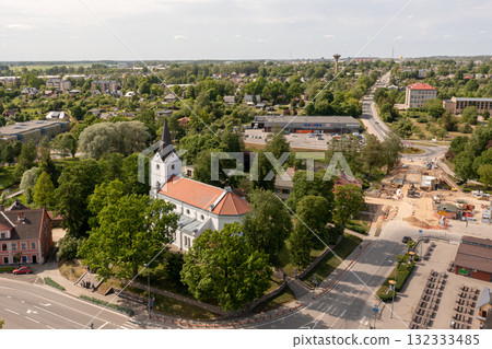 Aerial view of the city center and Saldus Lutheran Church. Saldus, Latvia 132333485