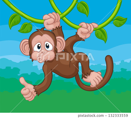 Monkey Singing On Jungle Vines Thumbs Up Cartoon 132333559