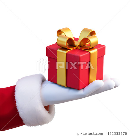 Santa claus hand in white glove presenting festive red gift box with golden ribbon, 3d render isolated on transparent background Santa claus hand in white glove presenting festive red gift box with golden ribbon, 3d render isolated on transparent background 132333576