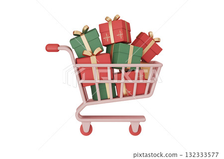 Festive shopping cart filled with colorful wrapped gift boxes, 3d render of holiday sale and christmas shopping concept isolated Festive shopping cart filled with colorful wrapped gift boxes, 3d render of holiday sale and christmas shopping concept isolated 132333577