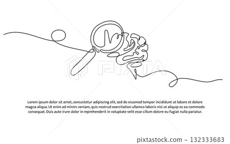 One line of brain examination using a magnifying glass. Abstract minimal continuous line isolated on white background. One line of brain examination using a magnifying glass. Abstract minimal continuous line isolated on white background. 132333683