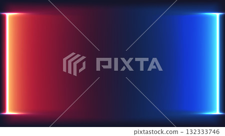 Futuristic neon light border with vibrant red and blue contrast on a dark abstract technology background for digital presentation banners and cyberpunk wallpapers 132333746