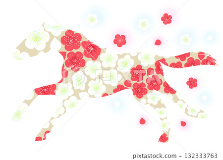 Illustration of a running horse and plum blossoms 132333763