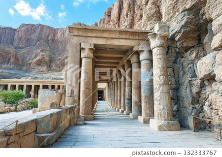 Impressive Mortuary Temple of Hatshepsut Carved into the Cliffside at Deir el-Bahri, Ancient Egyptian Architectural Masterpiece Impressive Mortuary Temple of Hatshepsut Carved into the Cliffside at Deir el-Bahri, Ancient Egyptian Architectural Masterpiece 132333767