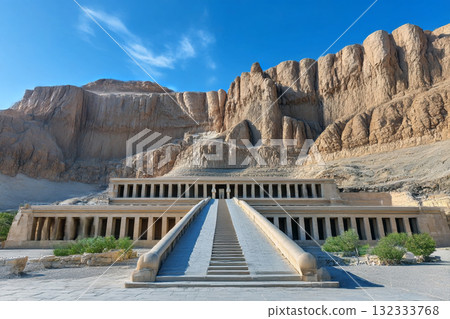 Impressive Mortuary Temple of Hatshepsut Carved into the Cliffside at Deir el-Bahri, Ancient Egyptian Architectural Masterpiece Impressive Mortuary Temple of Hatshepsut Carved into the Cliffside at Deir el-Bahri, Ancient Egyptian Architectural Masterpiece 132333768