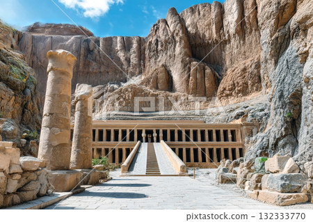 Impressive Mortuary Temple of Hatshepsut Carved into the Cliffside at Deir el-Bahri, Ancient Egyptian Architectural Masterpiece Impressive Mortuary Temple of Hatshepsut Carved into the Cliffside at Deir el-Bahri, Ancient Egyptian Architectural Masterpiece 132333770