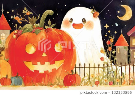南瓜燈和月光照亮的幽靈之夜 132333896