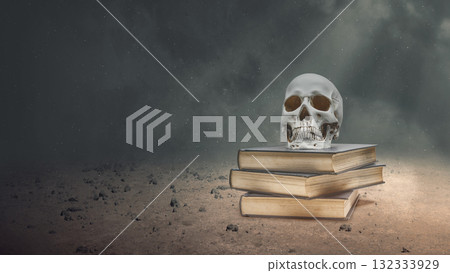 Human head skull on a stack of books on the field with a dark background. The scene is scary and mysterious. Concept of Spooky Halloween Human head skull on a stack of books on the field with a dark background. The scene is scary and mysterious. Concept of Spooky Halloween 132333929