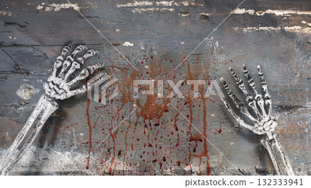 Human hand skeleton reaching up against a weathered concrete wall. Mockup or Copy space. Zombie, devil, evil, satan, or monster hand. Concept of Spooky Halloween 132333941