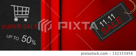 Symbol of a shopping cart with a super sale up to 50% text and text of 11.11 sale on the label tag. Copy space. Flash sale concept Symbol of a shopping cart with a super sale up to 50% text and text of 11.11 sale on the label tag. Copy space. Flash sale concept 132333954