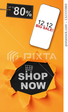 12.12 big sale text on cellphone screen with up to 80% text on the label tag. Copy space. Flash sale concept 132333960