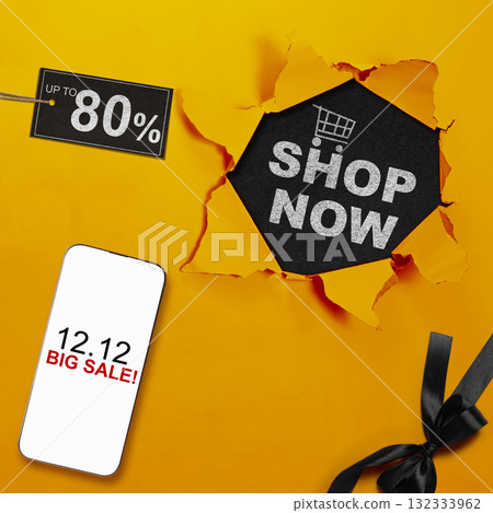 12.12 big sale text on cellphone screen with up to 80% text on the label tag. Copy space. Flash sale concept 12.12 big sale text on cellphone screen with up to 80% text on the label tag. Copy space. Flash sale concept 132333962