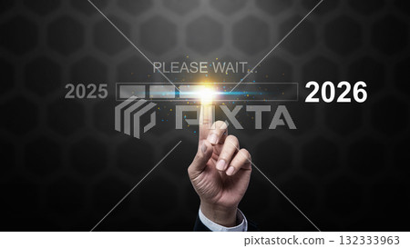 Business hand slides the loading bar from 2025 to 2026 on a virtual screen. Happy New Year concept or Celebration Business hand slides the loading bar from 2025 to 2026 on a virtual screen. Happy New Year concept or Celebration 132333963