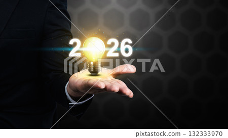 Business hand showing 2026 with a bright light bulb. Happy New Year concept or Celebration Business hand showing 2026 with a bright light bulb. Happy New Year concept or Celebration 132333970