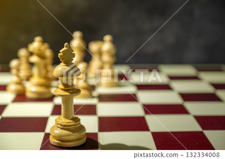 Closeup view of white chess kings standing in front of a chess piece on a chessboard. Concept of strategy or competition Closeup view of white chess kings standing in front of a chess piece on a chessboard. Concept of strategy or competition 132334008