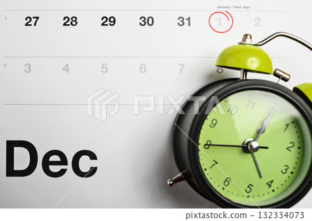 Calendar showing 1st January as the new year with an alarm clock. Happy New Year concept or Celebration Calendar showing 1st January as the new year with an alarm clock. Happy New Year concept or Celebration 132334073
