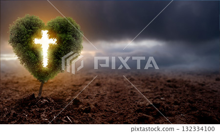 Light of the Christian cross on the heart tree in the barren field with dark dramatic sky background. Concept of Christianity, religious, faith, Jesus, or belief 132334100