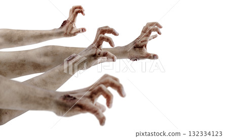 The zombies hand with wounds and blood try to reach something isolated over a white background. Zombie, devil, evil, satan, or monster hand. Concept of Halloween or Horror The zombies hand with wounds and blood try to reach something isolated over a white background. Zombie, devil, evil, satan, or monster hand. Concept of Halloween or Horror 132334123