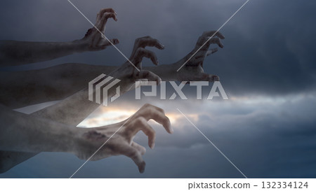 Zombie hands with wounds and blood haunted with a dark cloud sky background. Zombie, devil, evil, satan, or monster hand. Concept of Spooky Halloween Zombie hands with wounds and blood haunted with a dark cloud sky background. Zombie, devil, evil, satan, or monster hand. Concept of Spooky Halloween 132334124