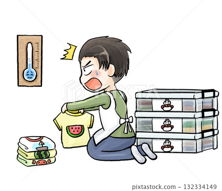 Illustration of a man who has difficulty timing his change of clothes 132334149