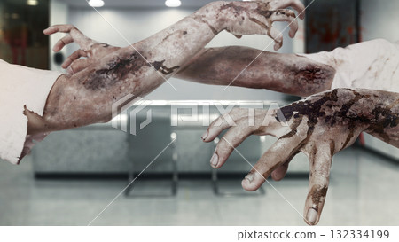 Zombie hands with wounds and blood haunted the abandoned building. Zombie, devil, evil, satan, or monster hand. Concept of Spooky Halloween 132334199