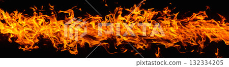 Dramatic red, orange, yellow flame and smoke rising against a dark background. Realistic, abstract fire burning background texture overlay. Vivid and hot hell or blazing fire wallpaper 132334205