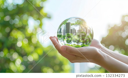 AI 圖片：玻璃球與城市景觀 132334273